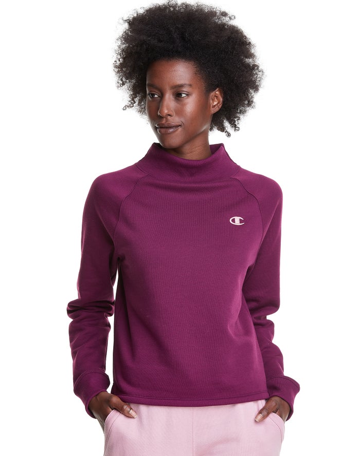 Champion Powerblend Fleece Mock Neck Embroidered Logo - Naisten TummanVioletit Collegepaita - Suomi